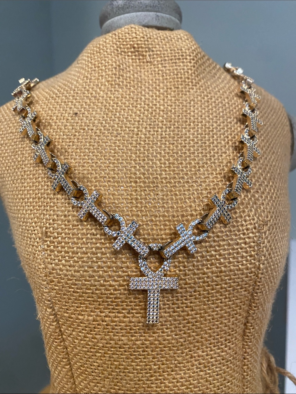 Gold-Tone Pavé Cross Link Necklace with Center Pendant